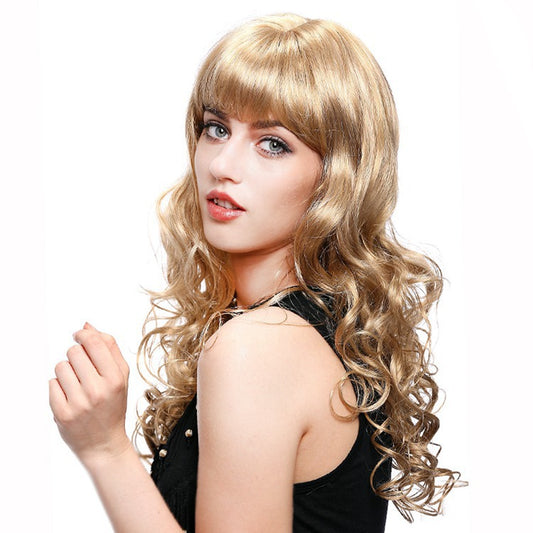 Hot selling European and American long curly hair women's bangs golden flame retardant silk synthetic fiber wig headpiece factory wholesale