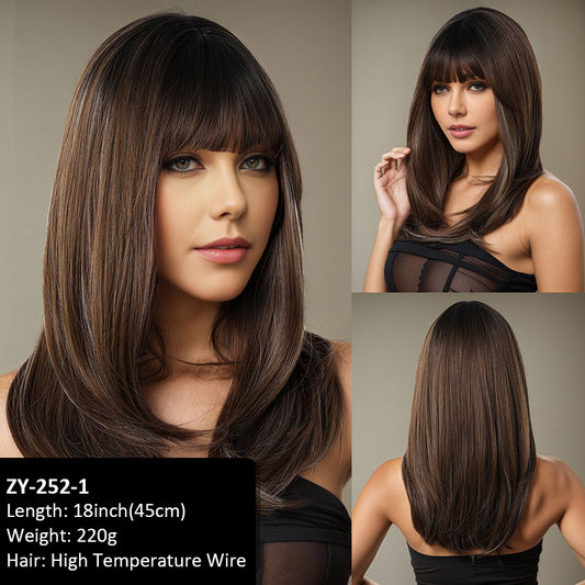 Layered inner-curl wig with wine red dye on the top of the head, with a lot of hair, simulated and versatile daily high-temperature silk wig set
