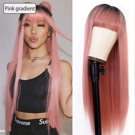 Wig hot pink natural gradient wigs women's long straight hair high temperature wire headpiece Guangdong