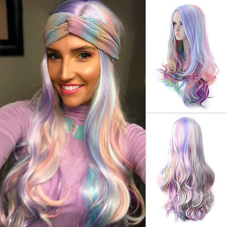 Colorful Wig - Long Curly Full Head Wig with Side-Swept Bangs in Multi-Color Blend Christmas & Halloween Holiday Wig