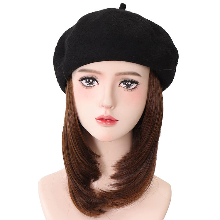 Hatwig beret hat wig multi-color black shoulder-length versatile women's invisible wig cap export foreign trade