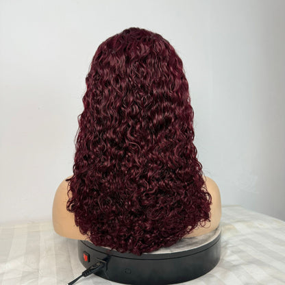 13*4 Real Hair Head Covering Front Lace Burgundy Color 12A Pixie Curl Wigs