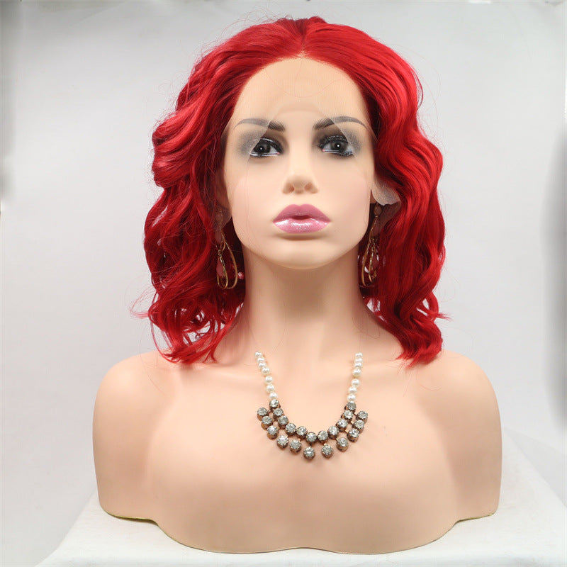 Export Bestseller to Europe & America 13_4 Lace Wig Hand-Crocheted 35cm Short Curly Women's Hand-Crocheted Synthetic Red Wig Factory Price