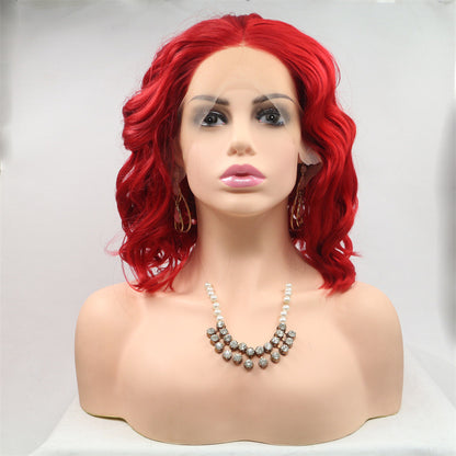Export Bestseller to Europe & America 13_4 Lace Wig Hand-Crocheted 35cm Short Curly Women's Hand-Crocheted Synthetic Red Wig Factory Price