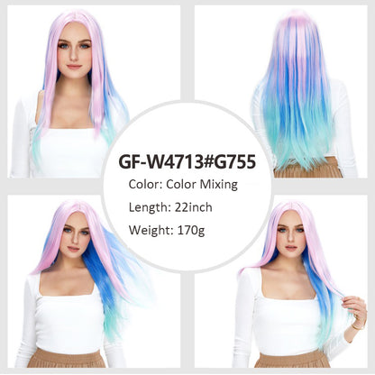 Rainbow-colored festive high-temperature hair cosplay waist-length big wave long hair wig