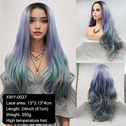 New wig 13*4 hand-crocheted lace wig with invisible powder blue gradient center parting