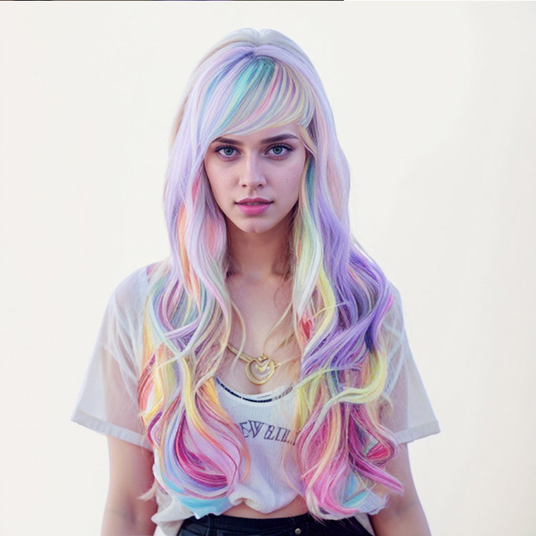 Colorful Wig - Long Curly Full Head Wig with Side-Swept Bangs in Multi-Color Blend Christmas & Halloween Holiday Wig