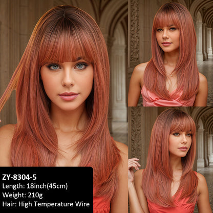 Layered inner-curl wig with wine red dye on the top of the head, with a lot of hair, simulated and versatile daily high-temperature silk wig set