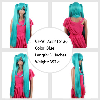 Manufacturer Wholesale Fake Anime Cosplay Wig Headpiece Double Ponytail Long Curly Hair High-Temperature Resistant Synthetic Fiber Colored Hairpiece