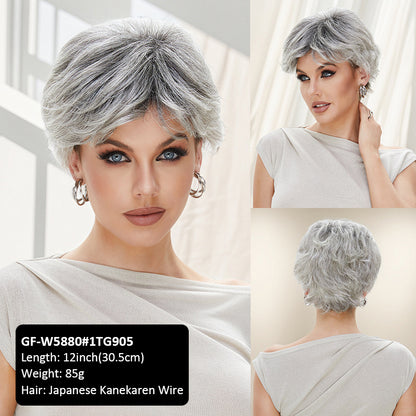 Pixie Wig Covering Silver Gray Wig Female Curly Hair Middle-aged Woman Wig