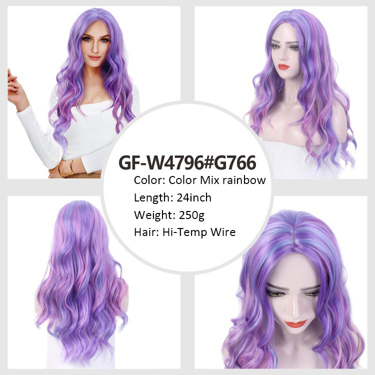 Halloween Hot Purple Mixed Gray Wig Oblique Bangs High Temperature Wire Long Curly Hair