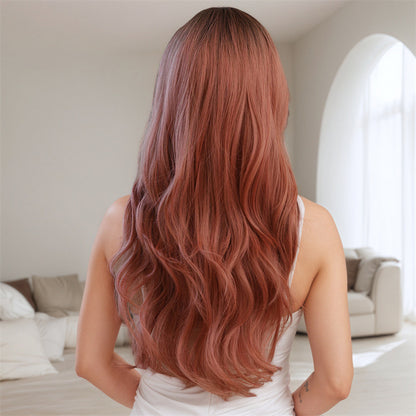 Export Pink Full-Head Wig with Bangs, Dyed Crown, Wavy Curls, 26 Inches Cosplay & Everyday Use Synthetic Wig