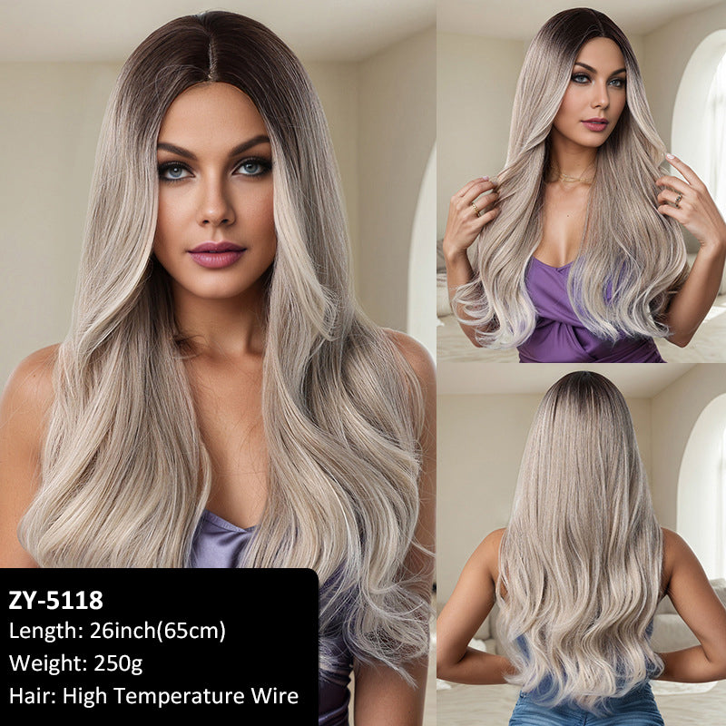 Hair Tail Curl Full Head Wig Middle Parted Eight Bangs Brown White Female Wig