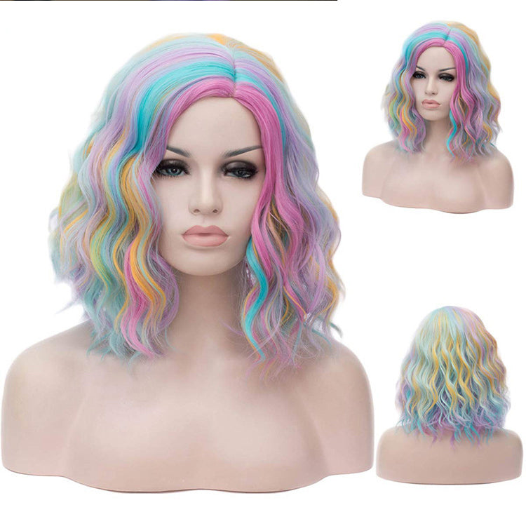 Colorful Wig - Long Curly Full Head Wig with Side-Swept Bangs in Multi-Color Blend Christmas & Halloween Holiday Wig