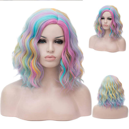 Colorful Wig - Long Curly Full Head Wig with Side-Swept Bangs in Multi-Color Blend Christmas & Halloween Holiday Wig