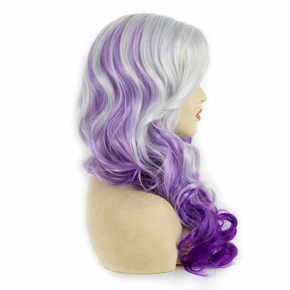 Halloween Hot Purple Mixed Gray Wig Oblique Bangs High Temperature Wire Long Curly Hair