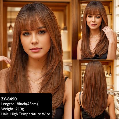 Layered inner-curl wig with wine red dye on the top of the head, with a lot of hair, simulated and versatile daily high-temperature silk wig set