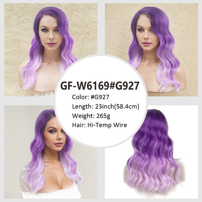 Halloween Hot Purple Mixed Gray Wig Oblique Bangs High Temperature Wire Long Curly Hair