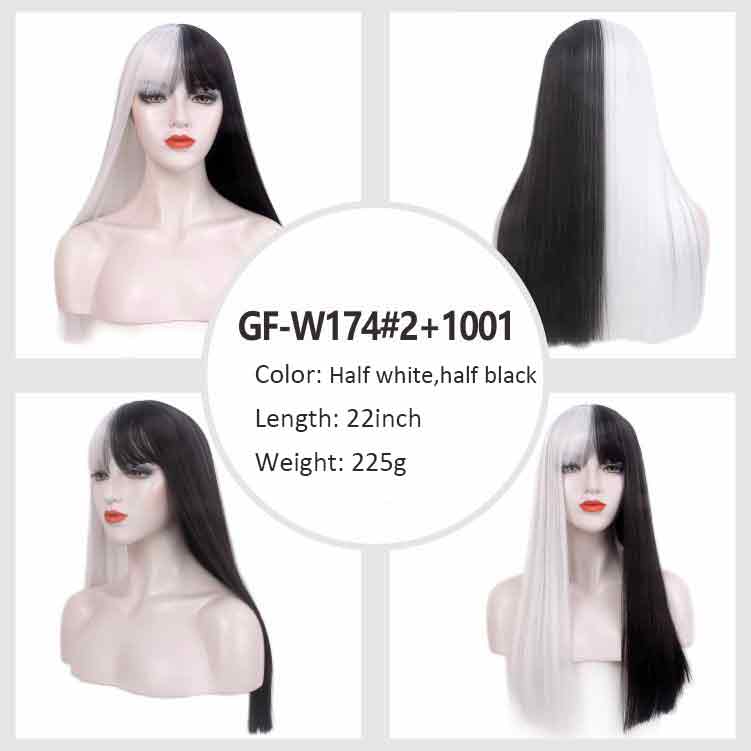 Halloween Wigs for Women Full Head Wigs Long Straight Hair Party Prom Half Black Half White
