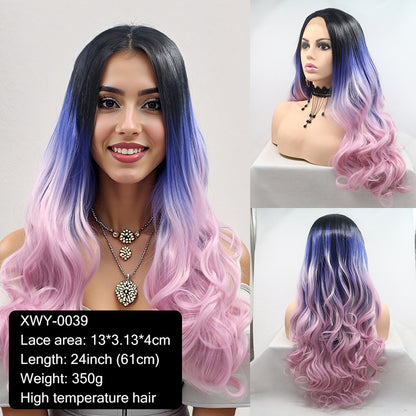 New wig 13*4 hand-crocheted lace wig with invisible powder blue gradient center parting
