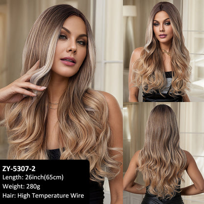 Hair Tail Curl Full Head Wig Middle Parted Eight Bangs Brown White Female Wig