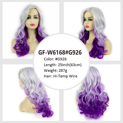 Halloween Hot Purple Mixed Gray Wig Oblique Bangs High Temperature Wire Long Curly Hair