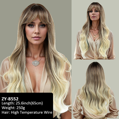 Layered collarbone-length wig with dyed bangs and realistic long straight hair