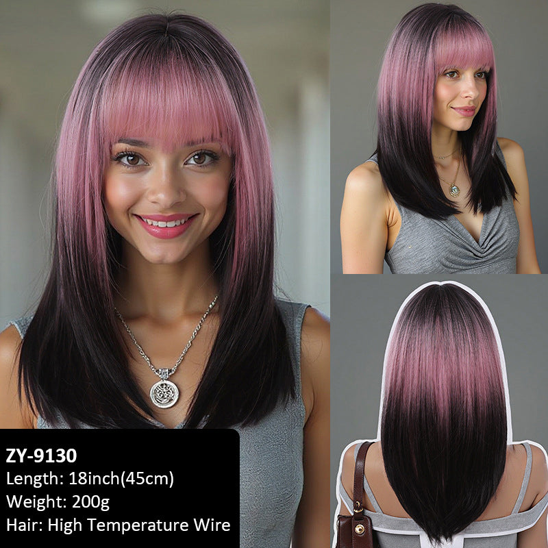 Layered inner-curl wig with wine red dye on the top of the head, with a lot of hair, simulated and versatile daily high-temperature silk wig set