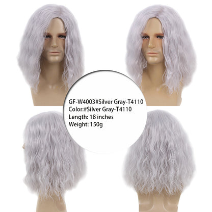 80s retro rock side parted fluffy silver gray cos Halloween Christmas European and American men's full head wig