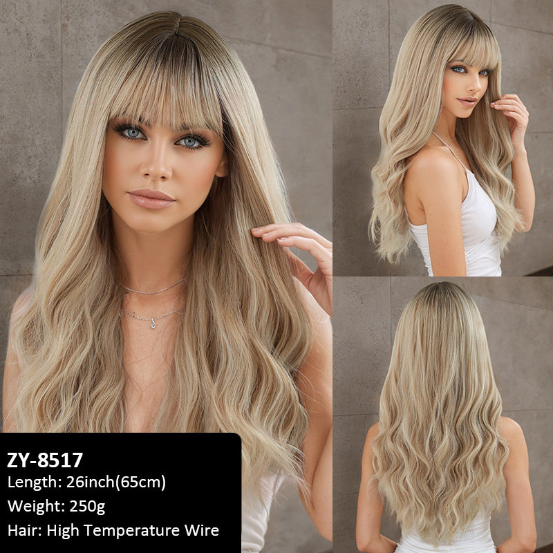 Wigs Brown Gradient Bangs Wavy Curls Women Fiber Wig