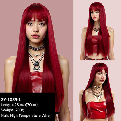 Layered collarbone-length wig with dyed bangs and realistic long straight hair