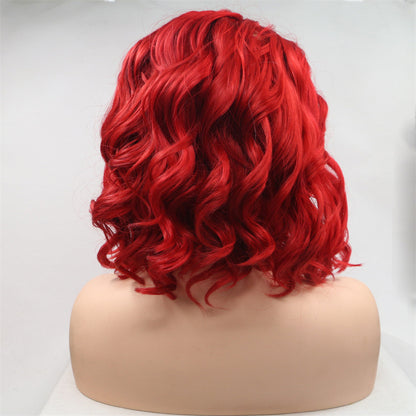 Export Bestseller to Europe & America 13_4 Lace Wig Hand-Crocheted 35cm Short Curly Women's Hand-Crocheted Synthetic Red Wig Factory Price