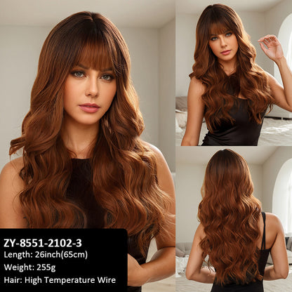 Wigs Brown Gradient Bangs Wavy Curls Women Fiber Wig