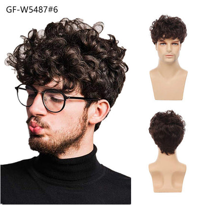 New Chemical Fiber Short Curly Wig Men's Light Breathable Brown 12 Inch Head Cover