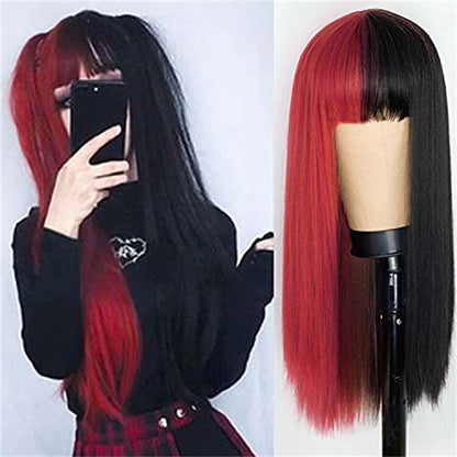 Halloween Wigs for Women Full Head Wigs Long Straight Hair Party Prom Half Black Half White