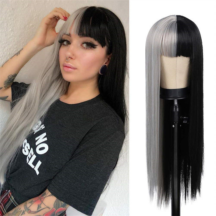 Halloween Wigs for Women Full Head Wigs Long Straight Hair Party Prom Half Black Half White