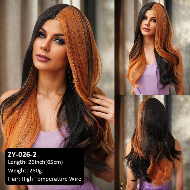 Hair Tail Curl Full Head Wig Middle Parted Eight Bangs Brown White Female Wig
