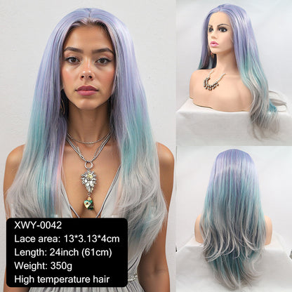 New wig 13*4 hand-crocheted lace wig with invisible powder blue gradient center parting