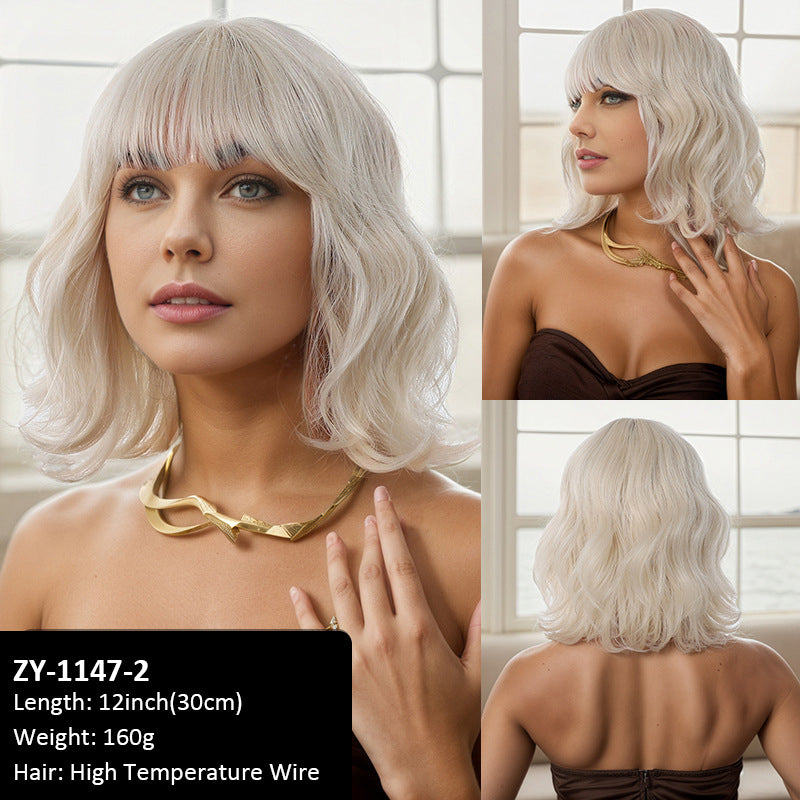 Wig short hair air bangs 35cm high-temperature silk bob wig for women