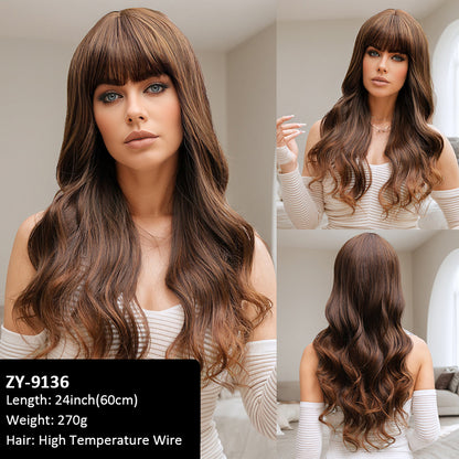 Wigs Brown Gradient Bangs Wavy Curls Women Fiber Wig
