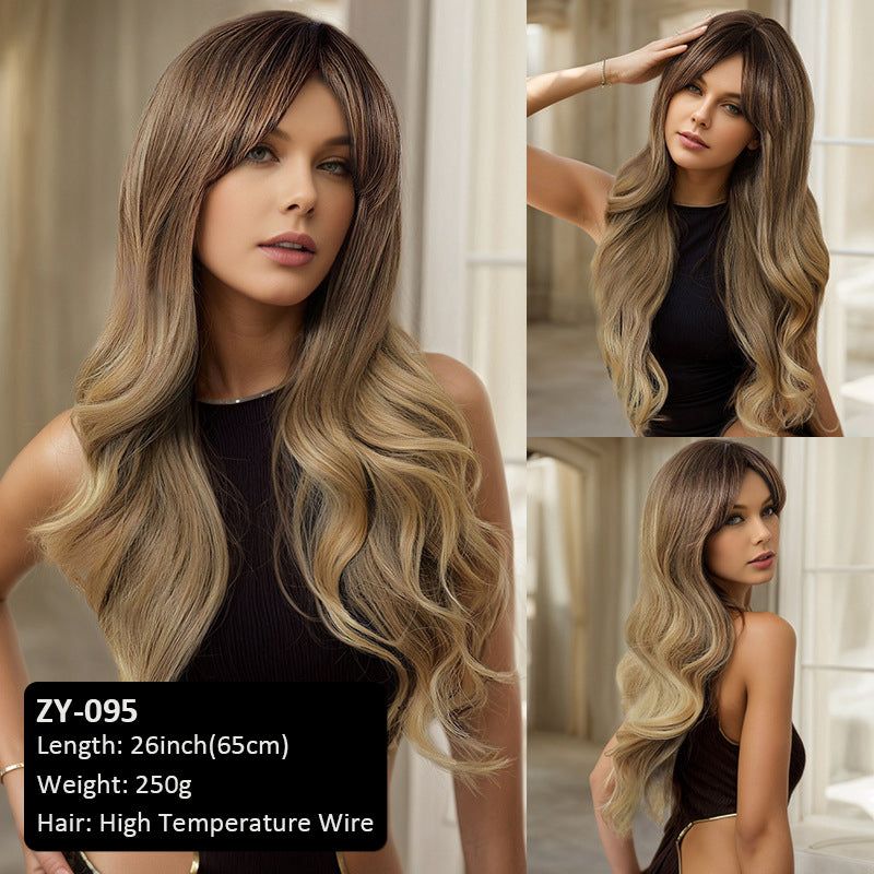 Hair Tail Curl Full Head Wig Middle Parted Eight Bangs Brown White Female Wig
