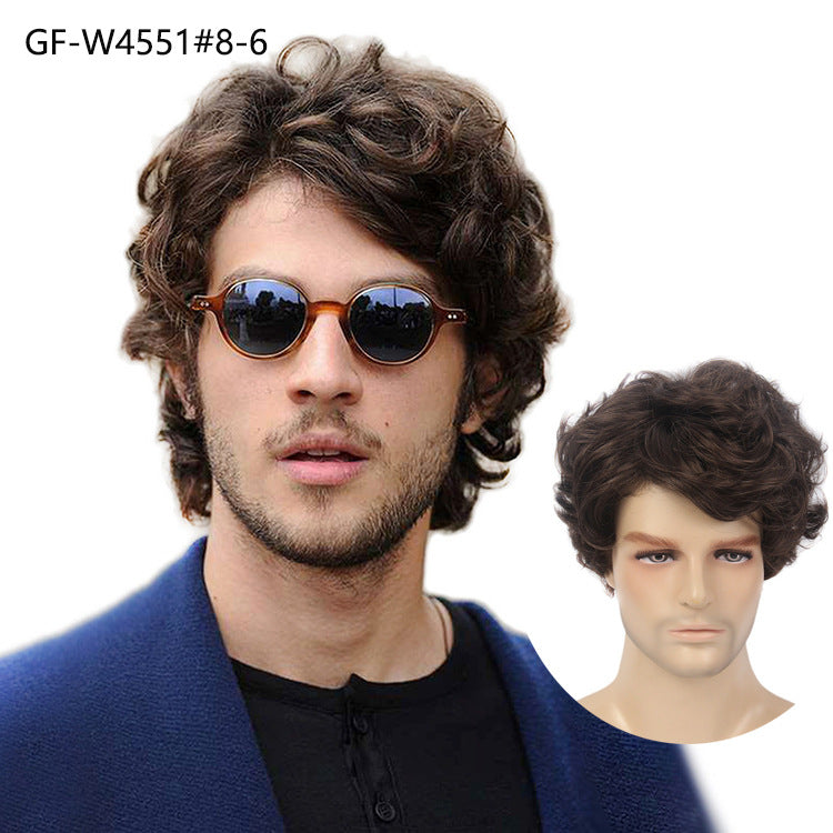New Chemical Fiber Short Curly Wig Men's Light Breathable Brown 12 Inch Head Cover
