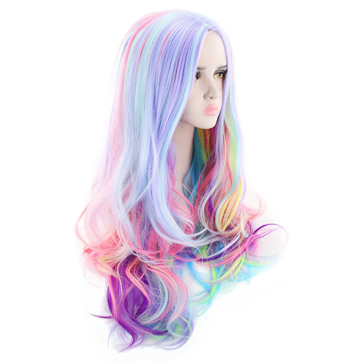 Colorful Wig - Long Curly Full Head Wig with Side-Swept Bangs in Multi-Color Blend Christmas & Halloween Holiday Wig
