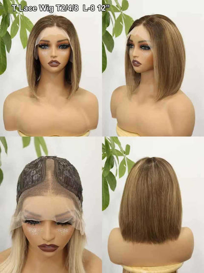 T Lace Front Human Hair Wig Blonde bob Wigs Gradient Real Hair Wigs