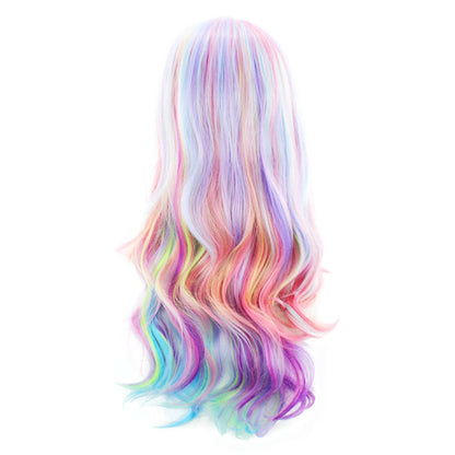Colorful Wig - Long Curly Full Head Wig with Side-Swept Bangs in Multi-Color Blend Christmas & Halloween Holiday Wig