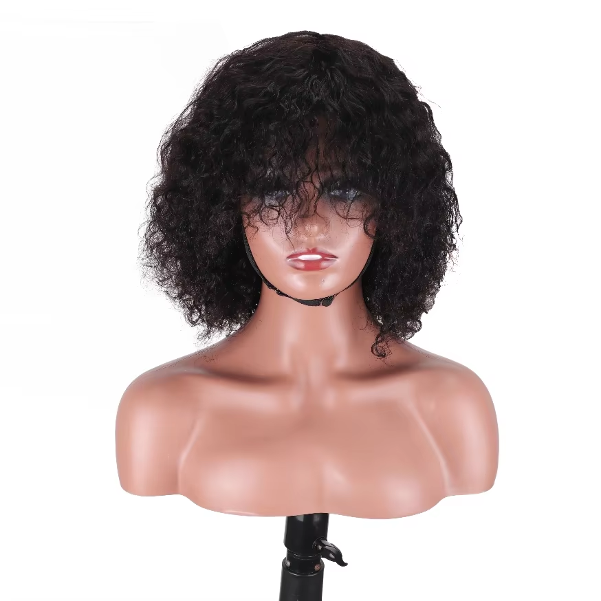 BOSQUE Beauty Short Curly Bob With Bangs Human Hair Wig 200% Density Pre Plucked Bleached Knots Natural Black