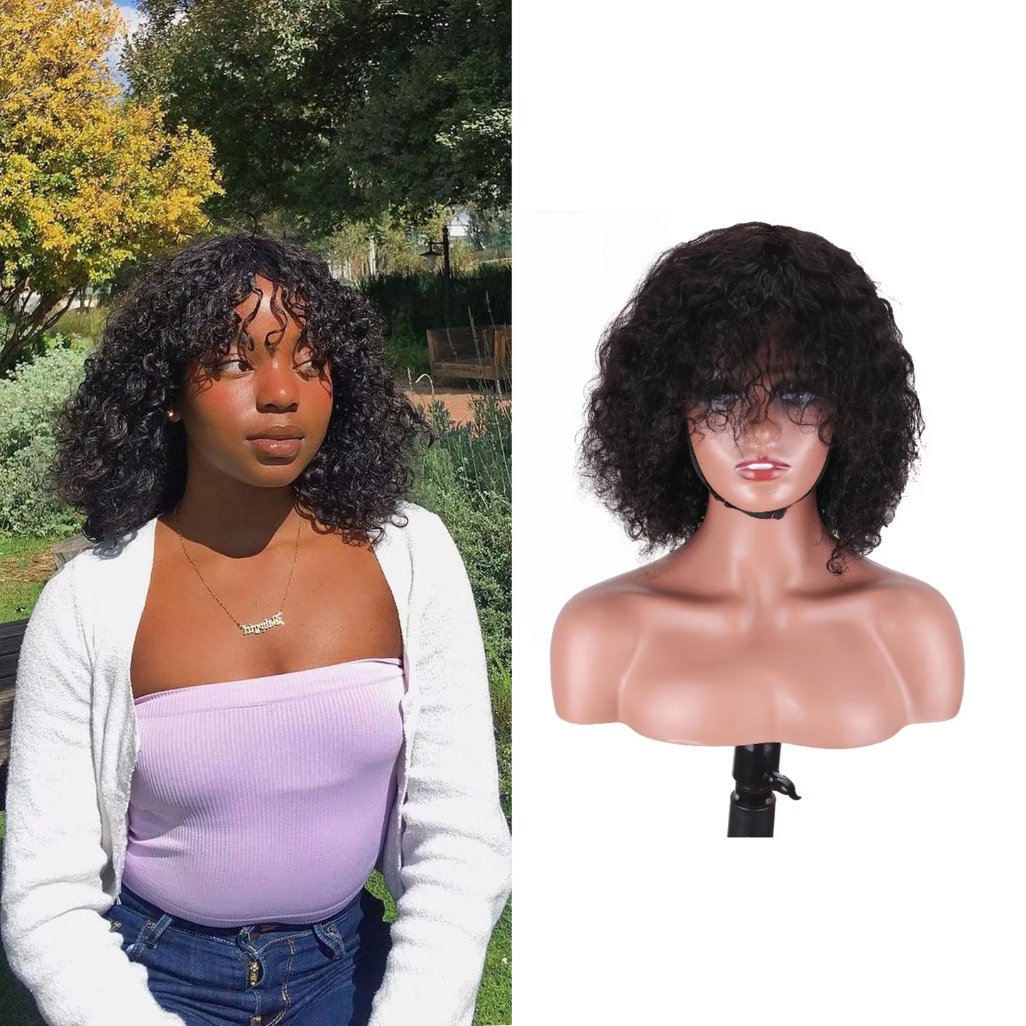 BOSQUE Beauty Short Curly Bob With Bangs Human Hair Wig 200% Density Pre Plucked Bleached Knots Natural Black