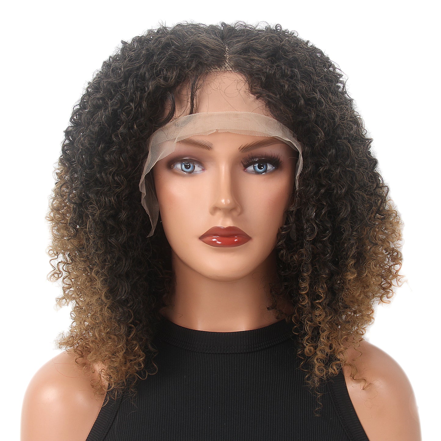 Ombre Blonde Curly Lace Front Afro Wigs for Black Women Kinky Curly Afro Bob Wig for Black Women 13x4x1 T-part Synthetic Lace Front Wig 16 Inch