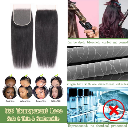 5*5 HD Lace Closure Invisible Tiny Single Knot Pre-Plucked Baby Hair Virgin Straight Hair BOSQUE Beauty