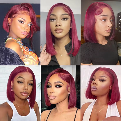 13x4 Lace Front Wig Burgundy Bob Wig Human Hair Short Straight Natural Looking 200% Density BOSQUE Beauty